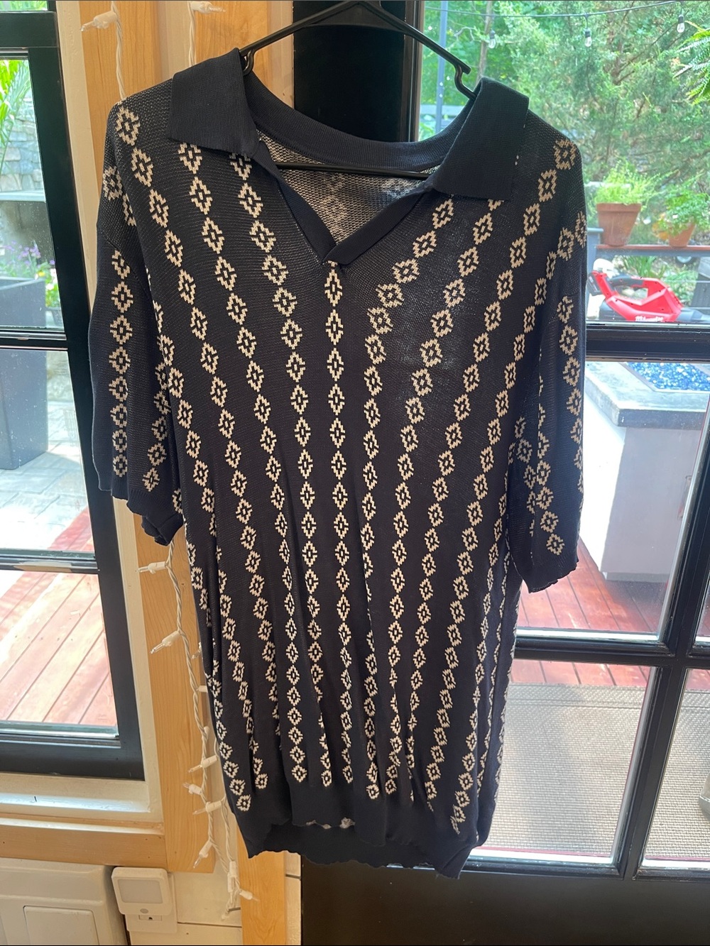 Black Knit Polo Dress with Cream Diamond Pattern